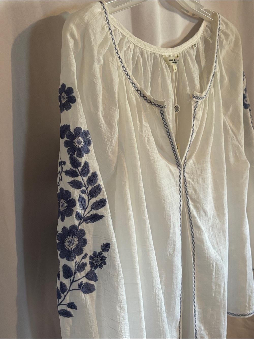 Max Studio White Peasant Blouse with Blue Floral Sleeve Embroidery - Picture 5 of 13